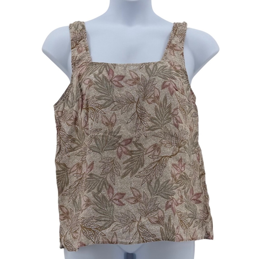 Cynthia Rowley 100% Linen Tank Top Women L Floral Leaf Print Sleeveless Blouse